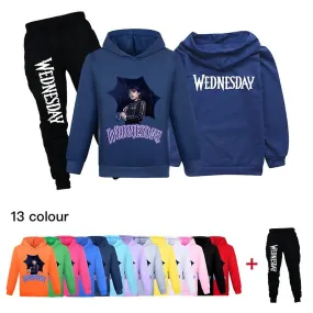 7-14 Years Wednesday Addams Print Kids Tracksuit Set Hooded Sweatshirt Pants Outfit Activewear Gifts