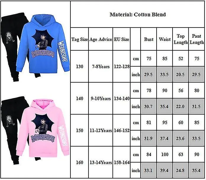 7-14 Years Wednesday Addams Print Kids Tracksuit Set Hooded Sweatshirt Pants Outfit Activewear Gifts