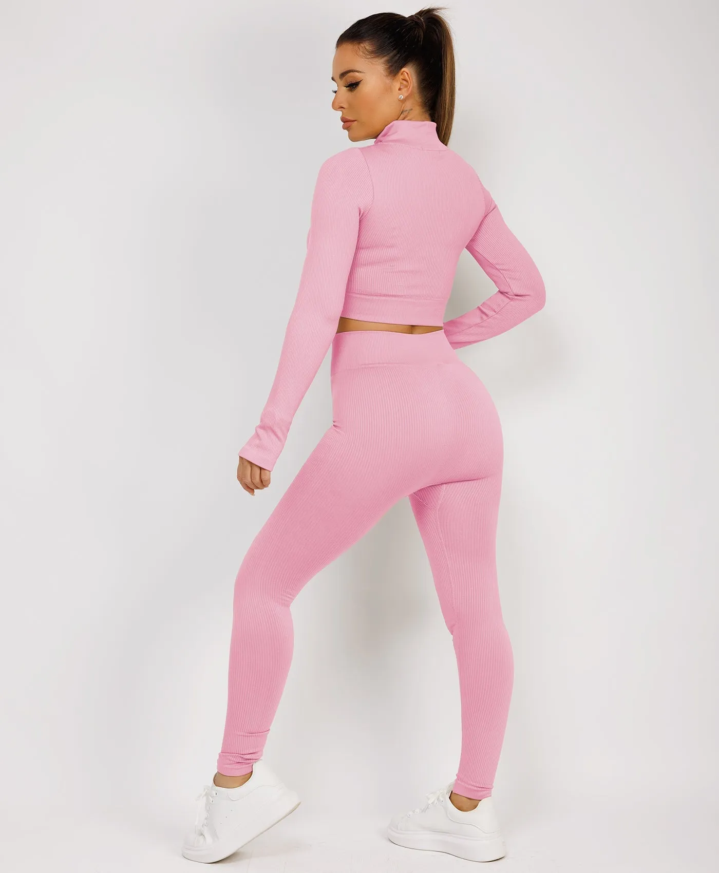 Baby Pink Half Zipped Neck Ribbed Activewear Set