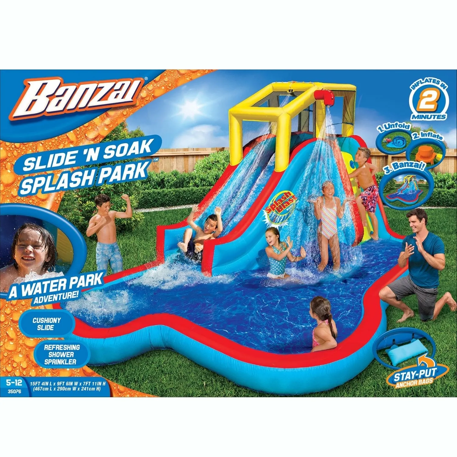 Banzai Slide N Soak Splash Park Inflatable Outdoor Kids Play Center (2 Pack)