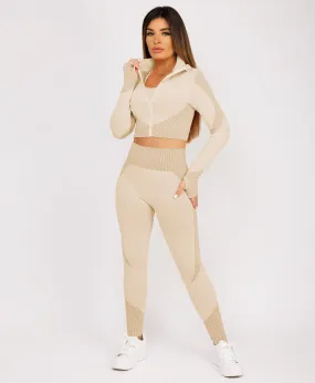 Beige Cropped Ribbed 3-Piece Activewear Set