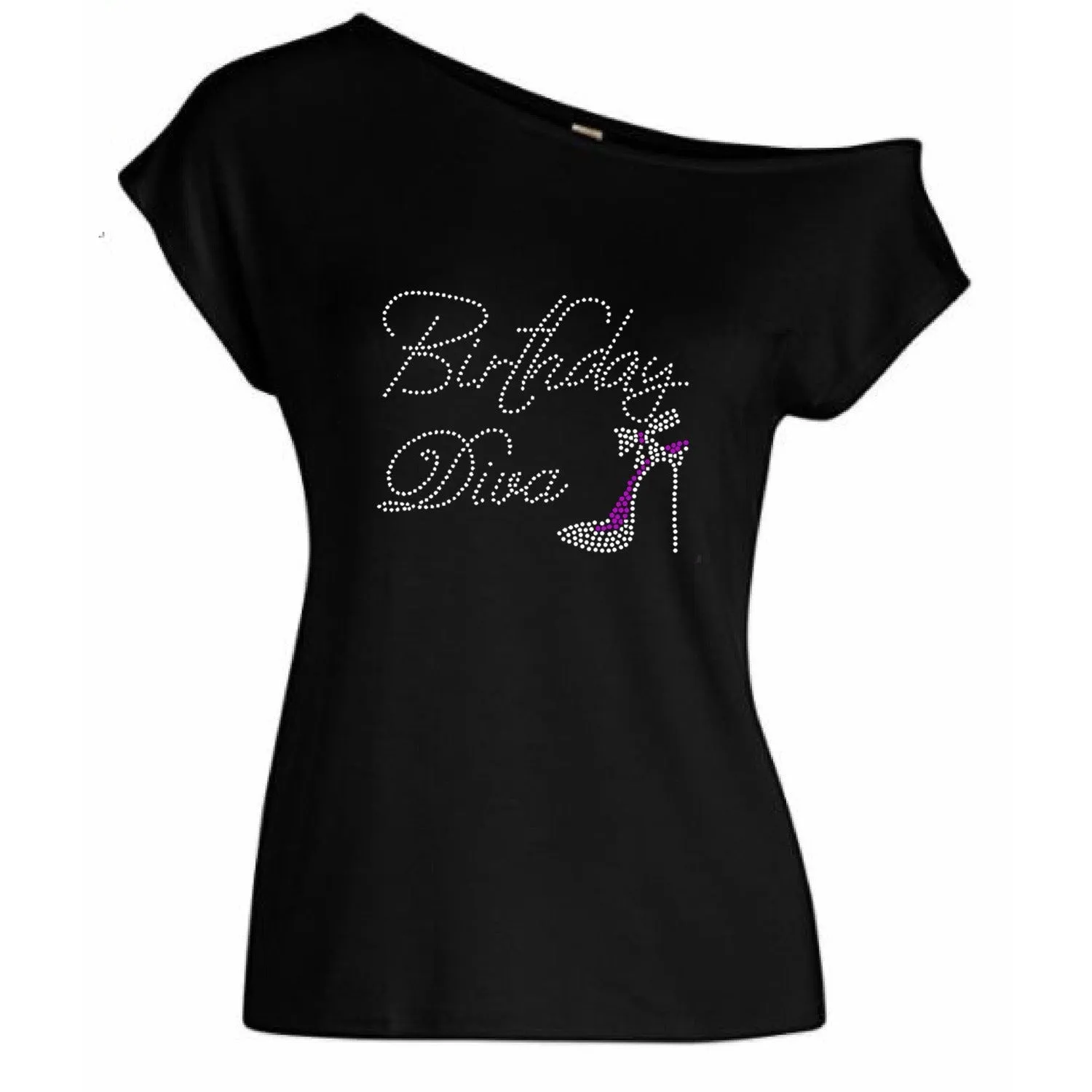 Birthday Diva Rhinestone Off Shoulder T Shirt