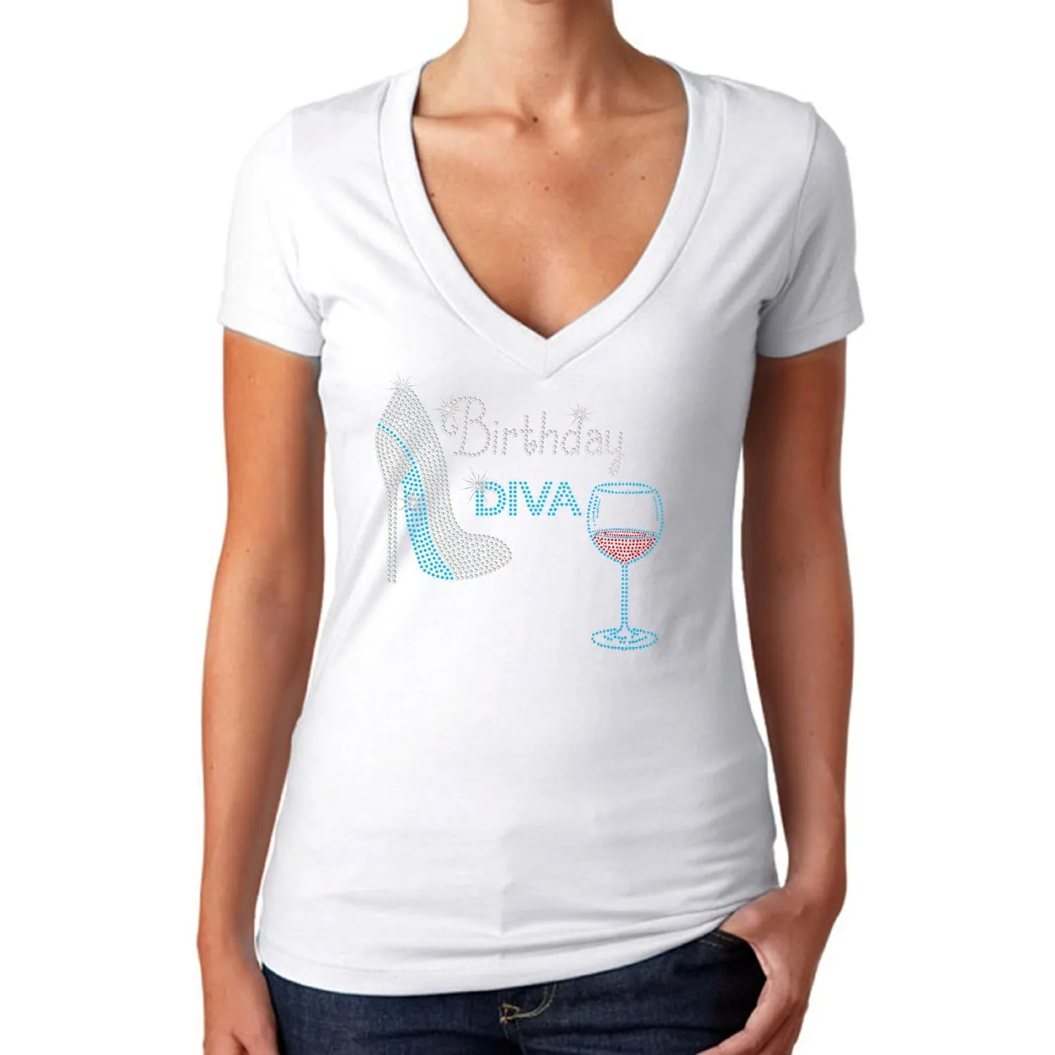 Birthday Diva Rhinestone Wine Stiletto Shoe T Shirt