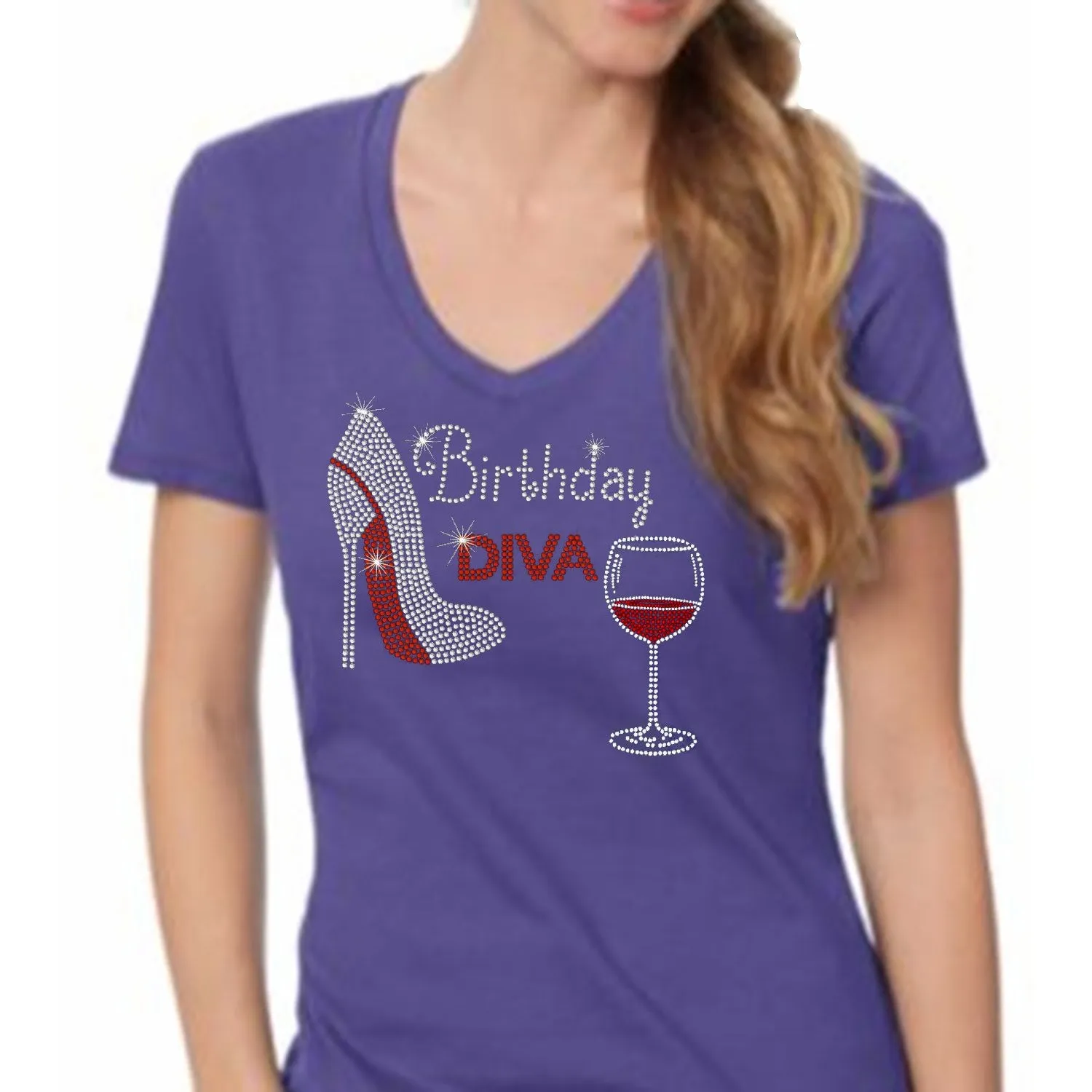 Birthday Diva Rhinestone Wine Stiletto Shoe T Shirt