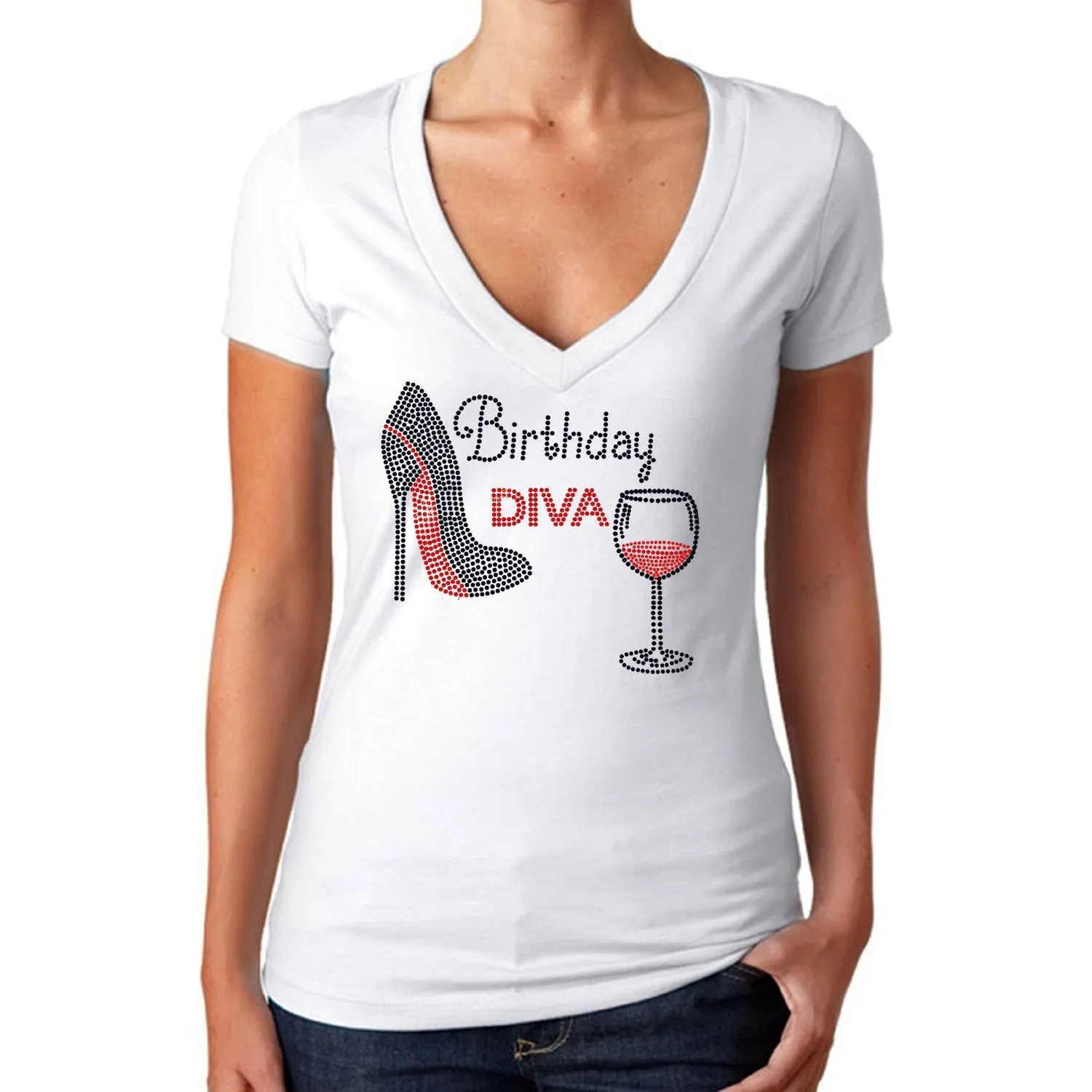 Birthday Diva Rhinestone Wine Stiletto Shoe T Shirt