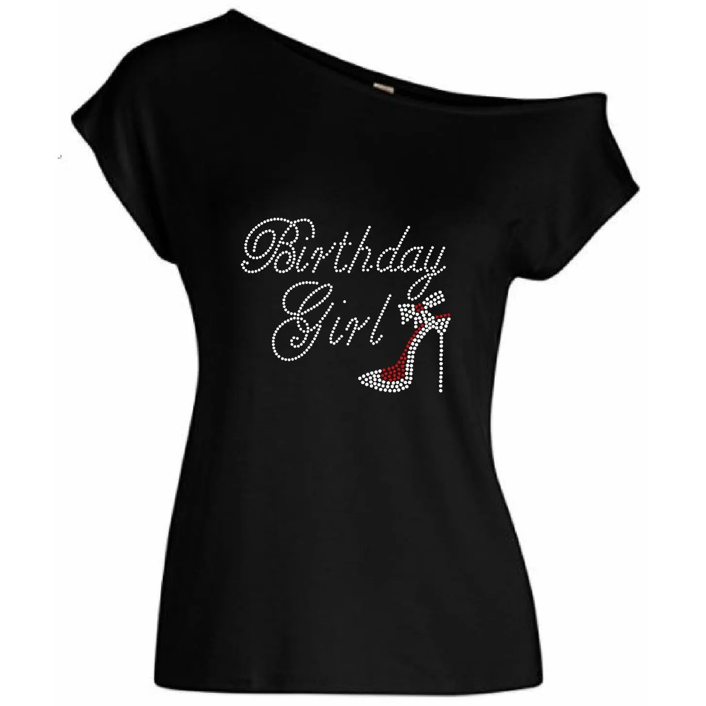 Birthday Girl Rhinestone Shoe Off Shoulder Tee