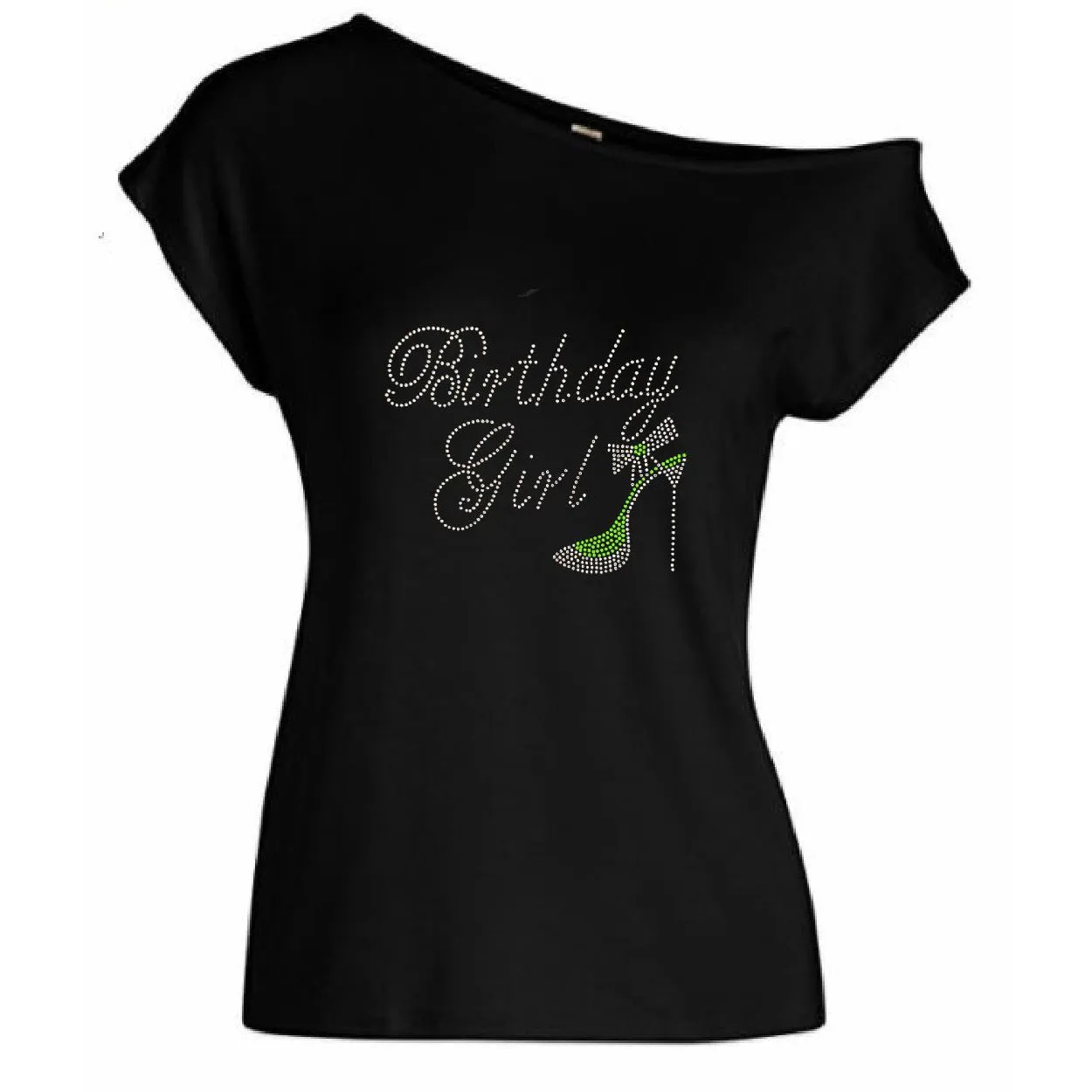 Birthday Girl Rhinestone Shoe Off Shoulder Tee