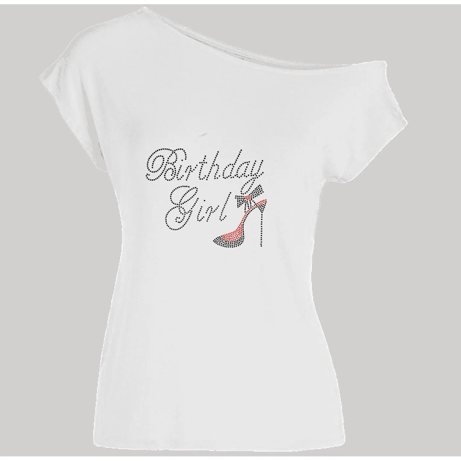 Birthday Girl Rhinestone Shoe Off Shoulder Tee