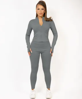 Charcoal Grey Zip Up Sports Jacket & Seamless Leggings Activewear Set