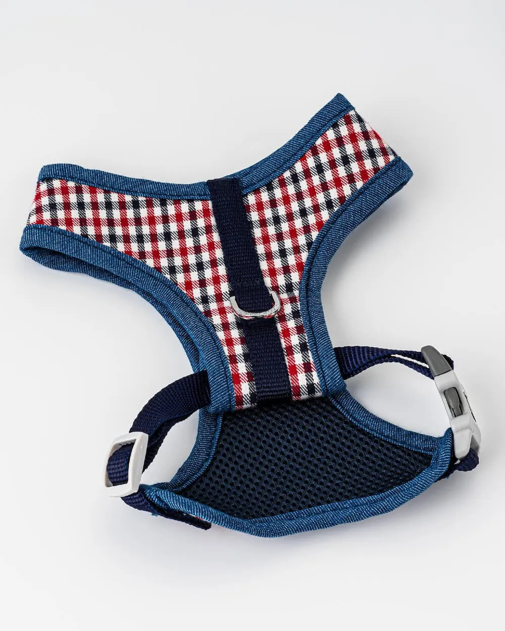 Fabric Dog Harness - Checkered Navy and Red