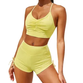 Female 2 Pieces Tracksuit Halter Sleeveless Crop Top Side Ruched Drawstring High Waist Hot Shorts Set Fitness Activewear