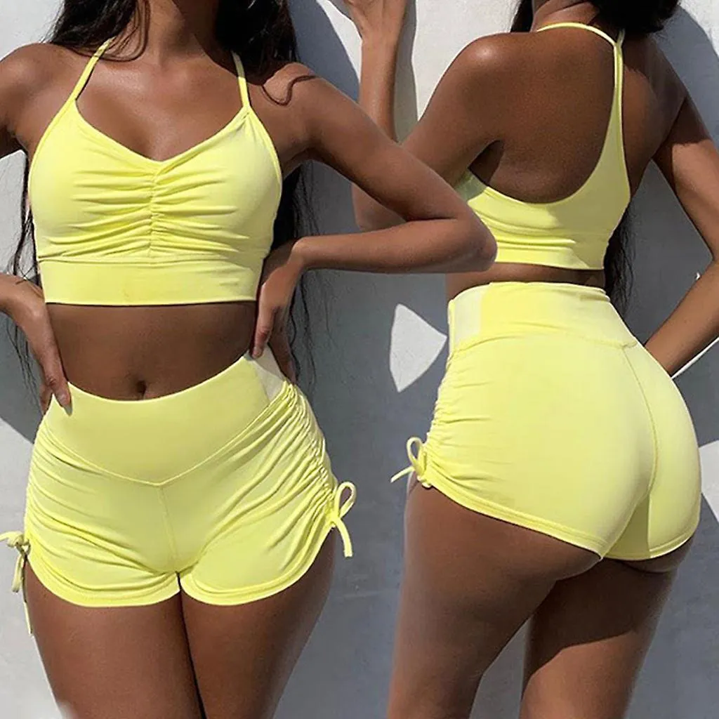 Female 2 Pieces Tracksuit Halter Sleeveless Crop Top Side Ruched Drawstring High Waist Hot Shorts Set Fitness Activewear