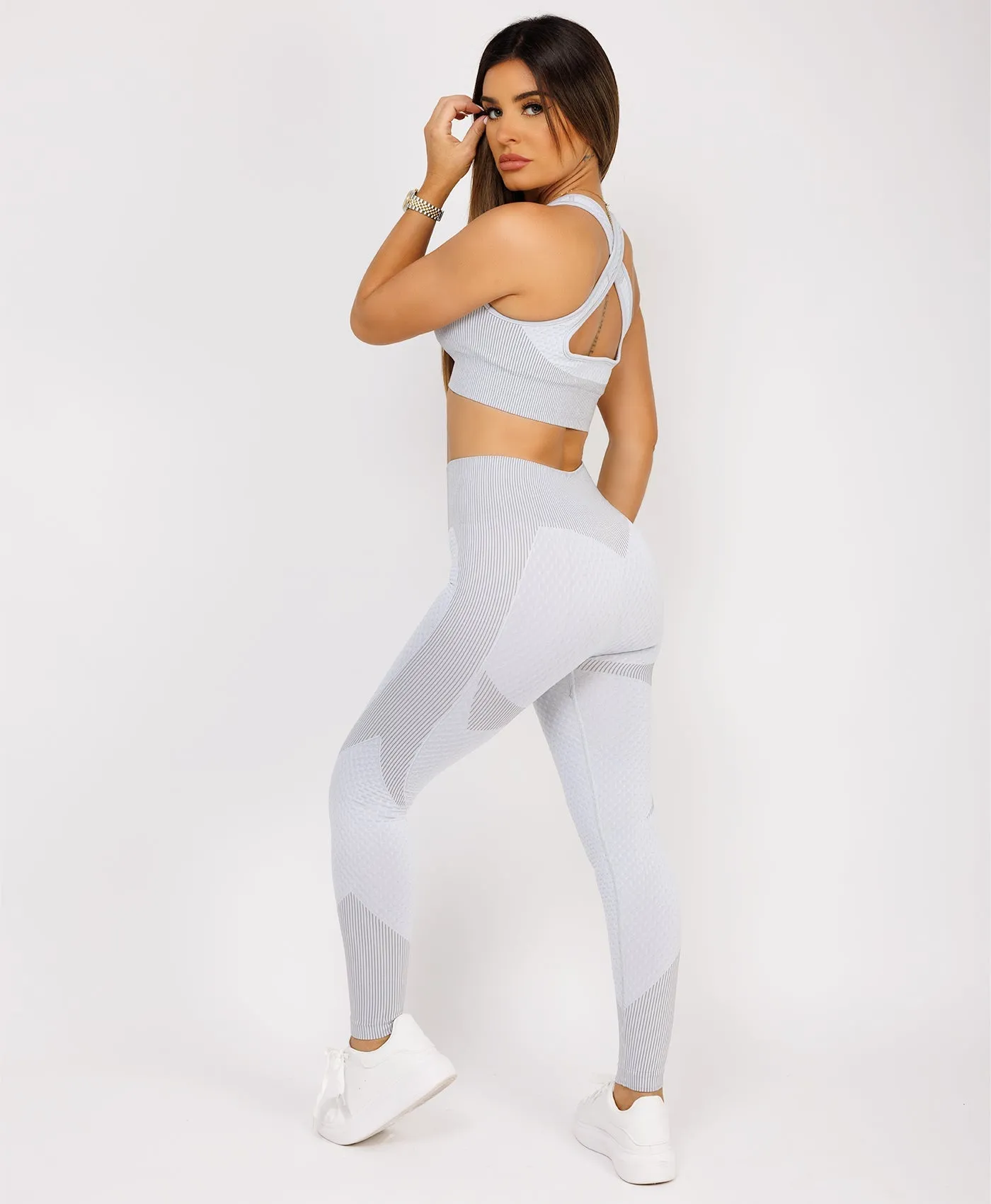 Grey Cropped Ribbed 3-Piece Activewear Set