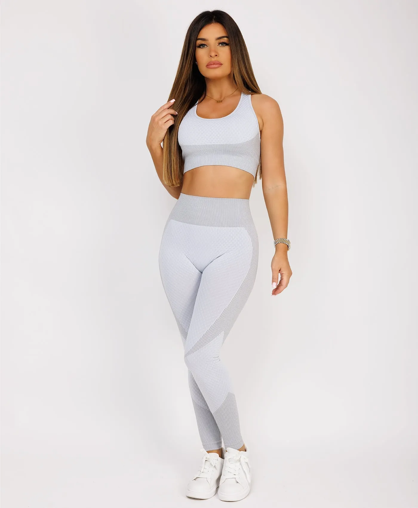 Grey Cropped Ribbed 3-Piece Activewear Set