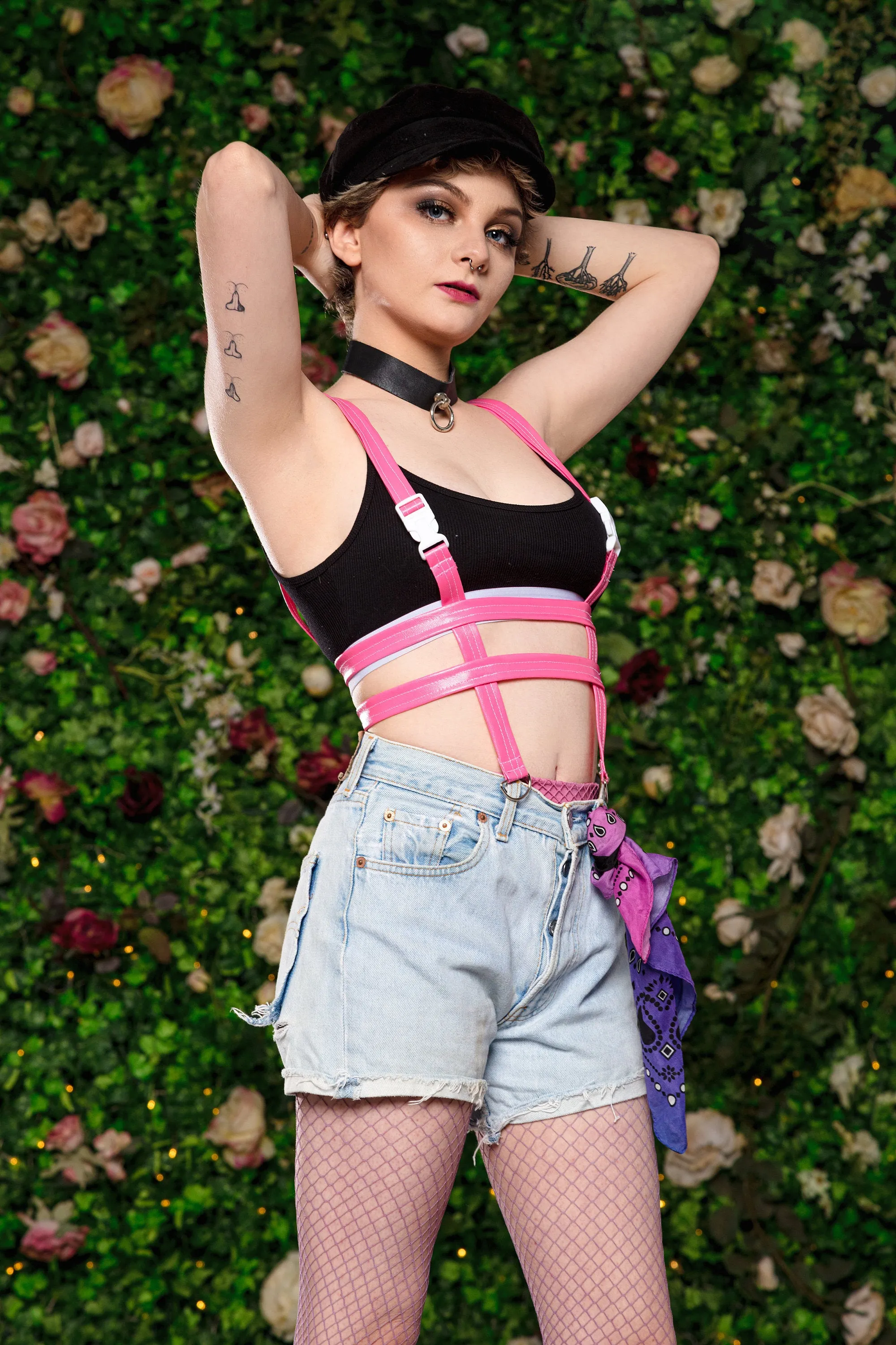 Hot pink vegan leatherette chest harness bra