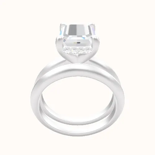 Knife Edge Engagement Ring With V Prong with Hidden Halo Head and Matching Band