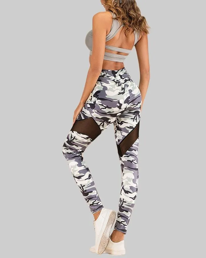 Leggings de yoga con estampado de camuflaje de malla transparente