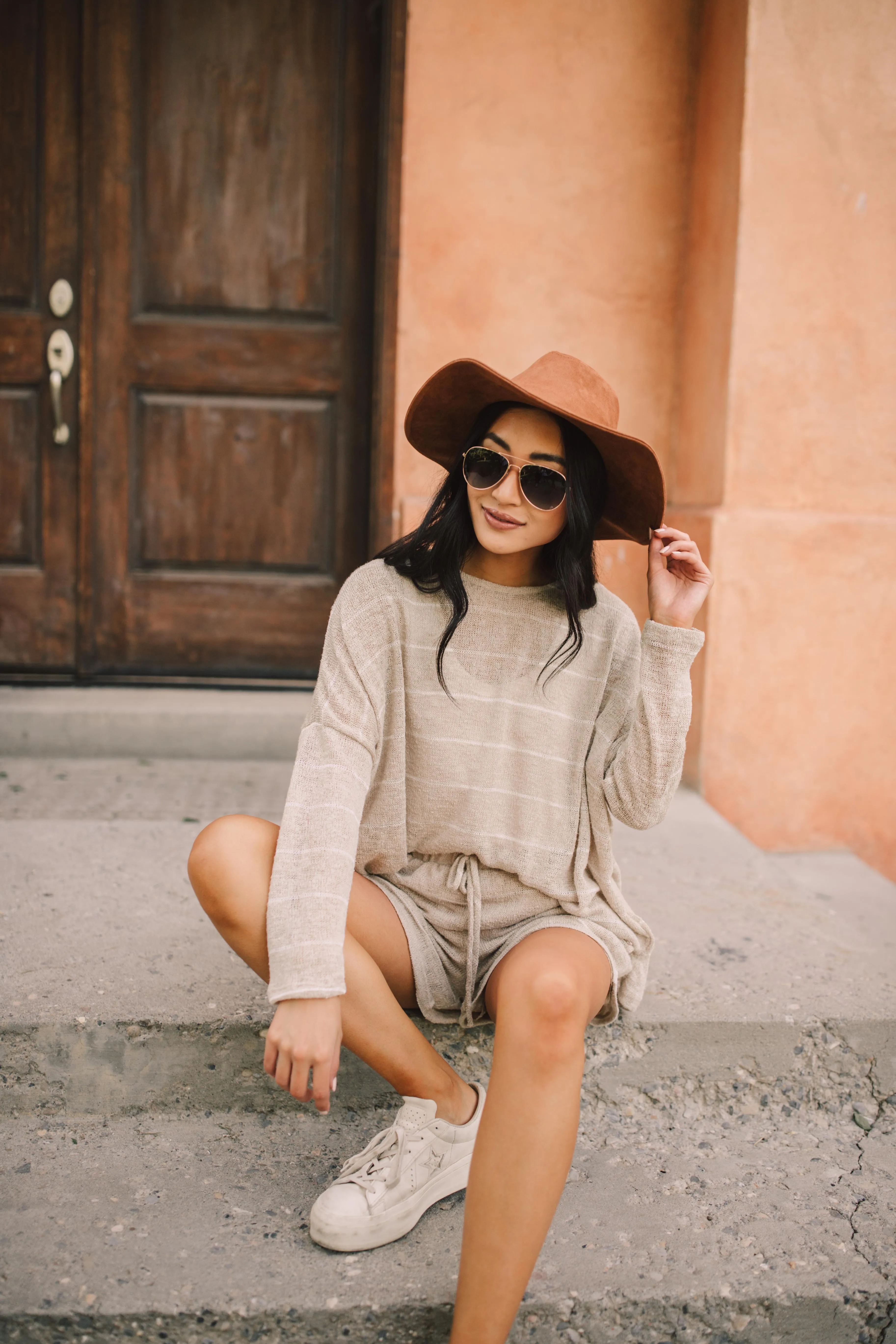 Lightweight Striped Pullover In Taupe - On Hand