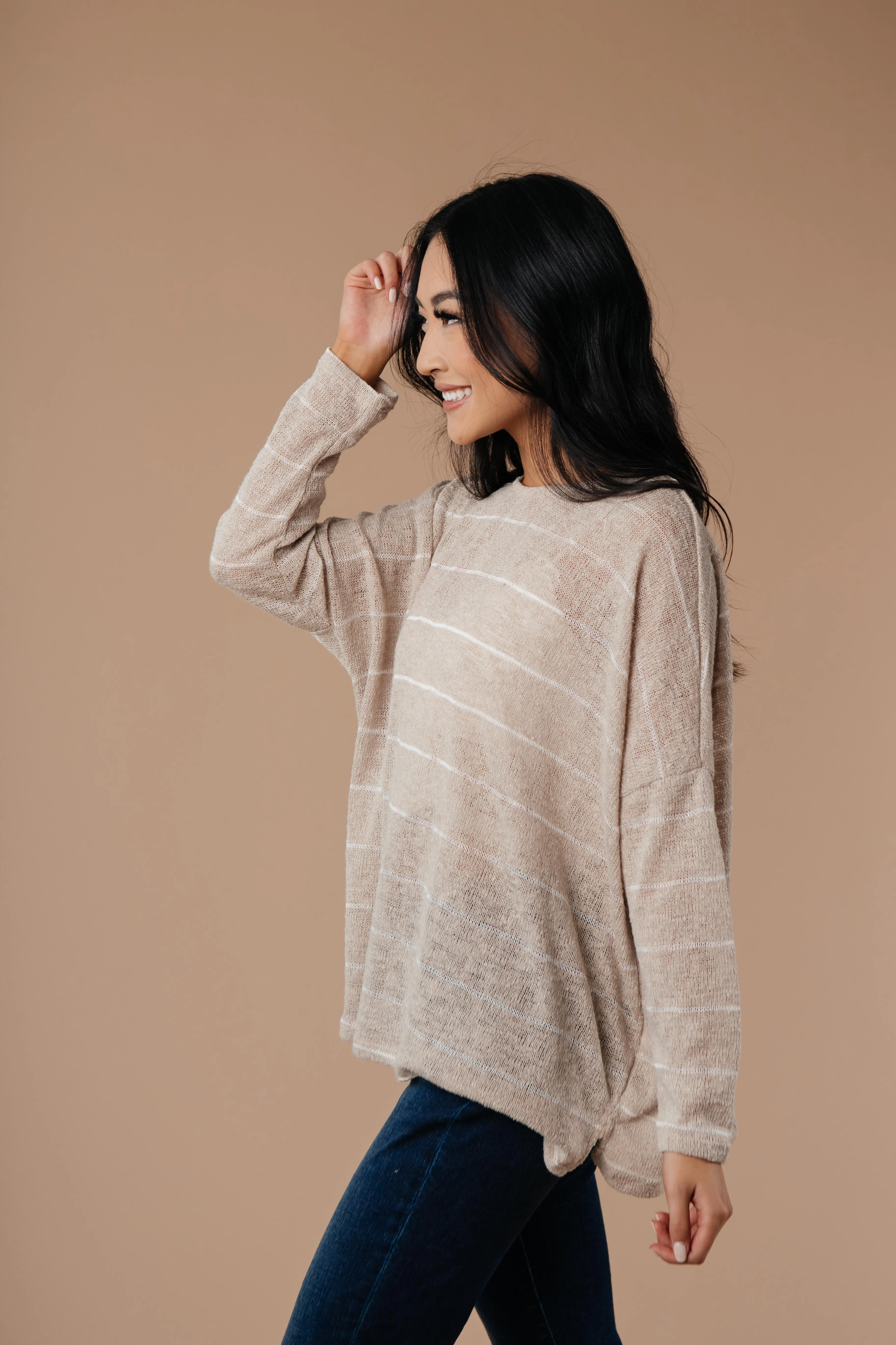 Lightweight Striped Pullover In Taupe - On Hand