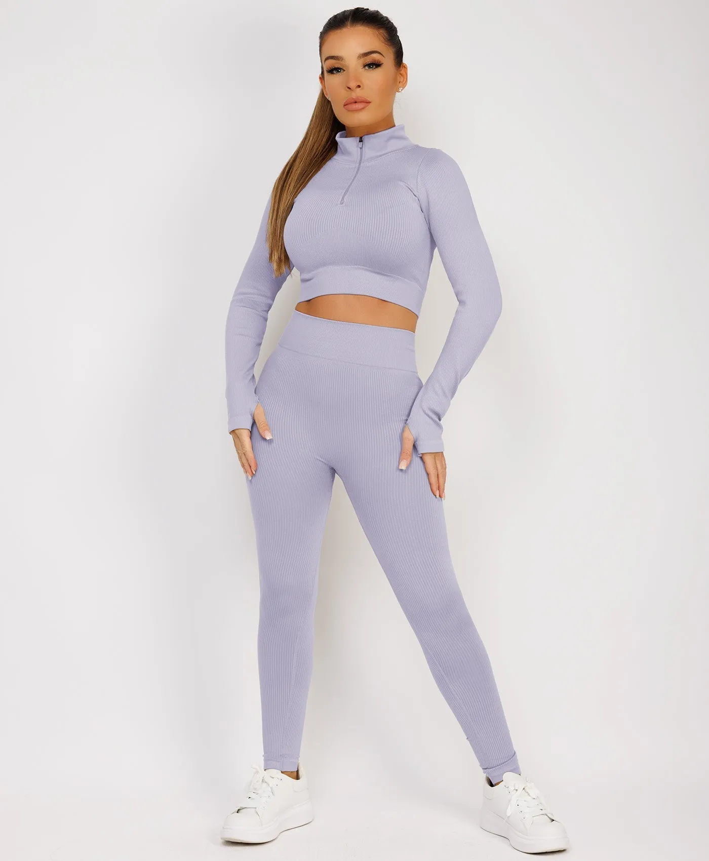 Lilac Half Zipped Neck Ribbed Activewear Set