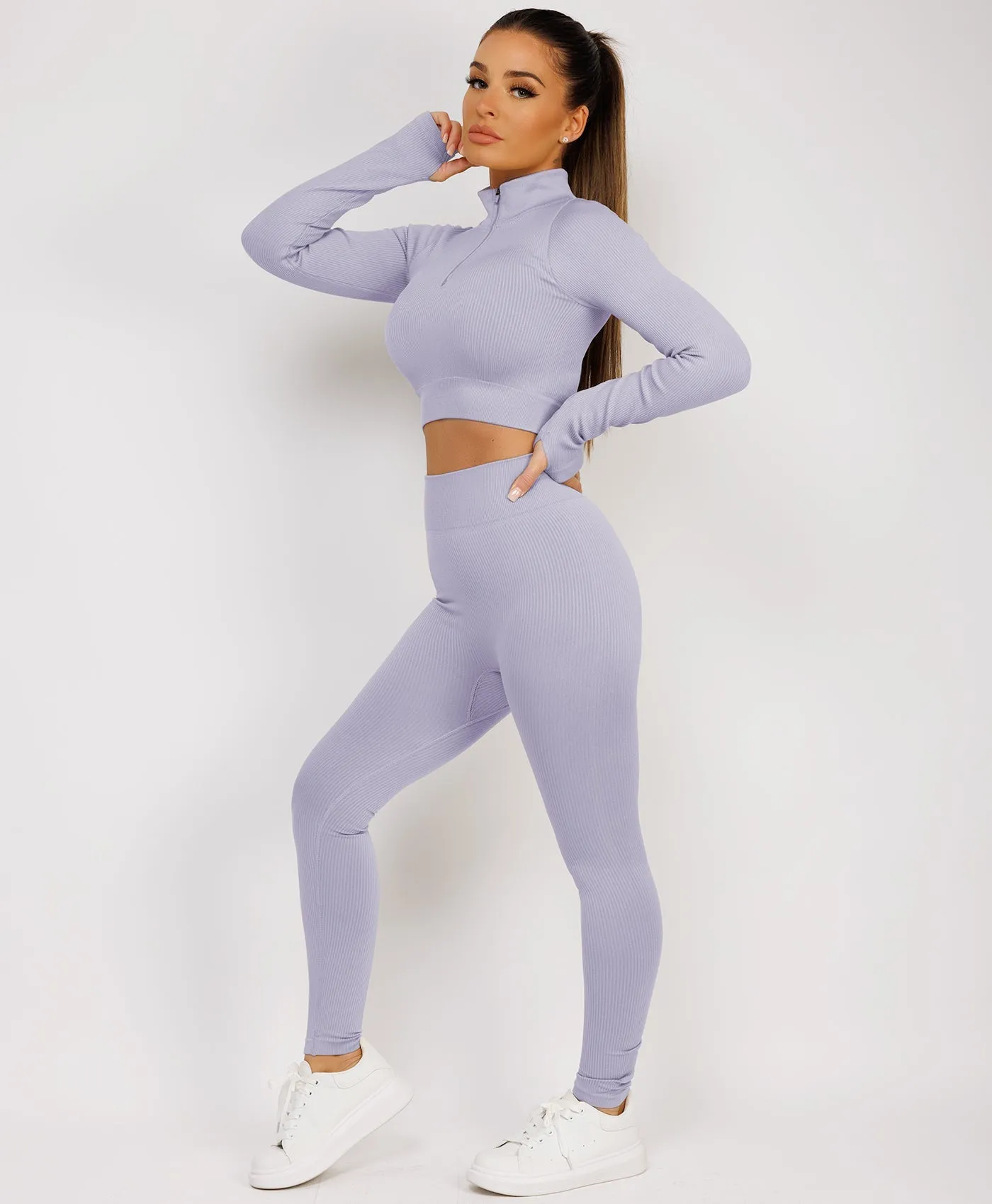 Lilac Half Zipped Neck Ribbed Activewear Set