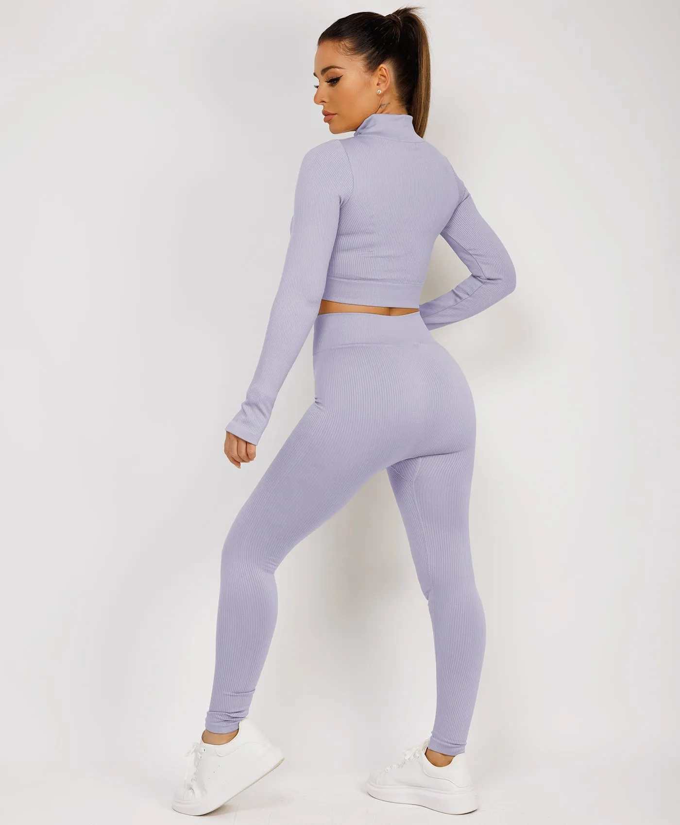 Lilac Half Zipped Neck Ribbed Activewear Set