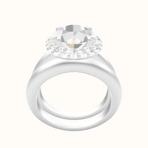 Modern Knife Edge Engagement Ring With Halo with Double Prong Head and Matching Band