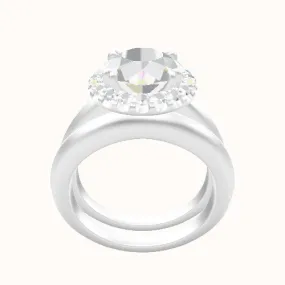 Modern Knife Edge Engagement Ring With Halo with Double Prong Head and Matching Band