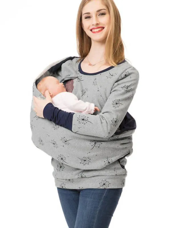 Momnfancy Pattern Polka Dot Pockets Long Sleeve Maternity Daily Nursing Baby Carrier Sweatshirt