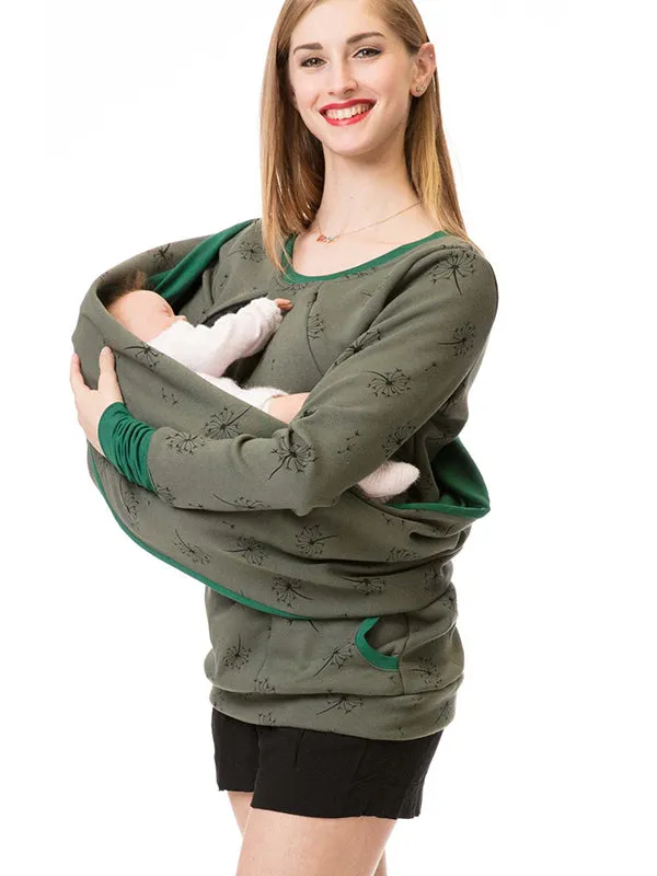 Momnfancy Pattern Polka Dot Pockets Long Sleeve Maternity Daily Nursing Baby Carrier Sweatshirt