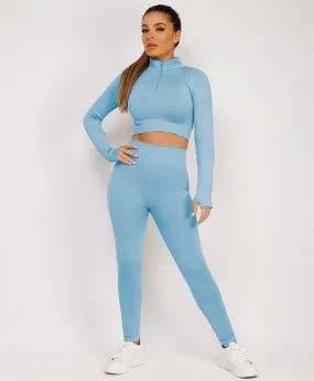 Sky Blue Half Zipped Neck Ribbed Activewear Set