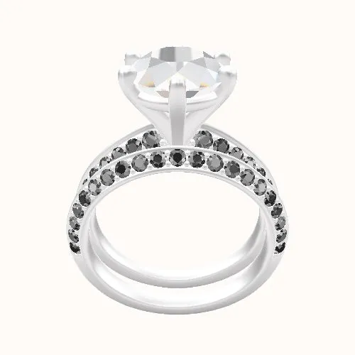 Tapered Knife Edge Double Row Pave Engagement Ring With High Set Six Prong Head and Matching Band