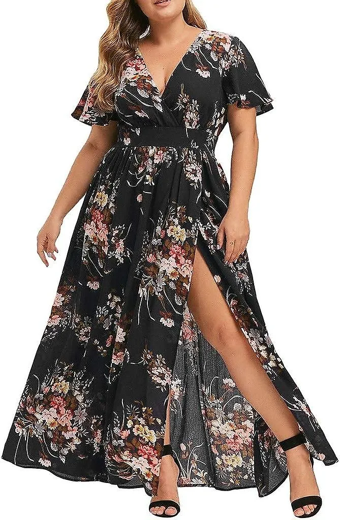 V-Neck Plus Size Butterfly Flower Printed Long Dress for Women 