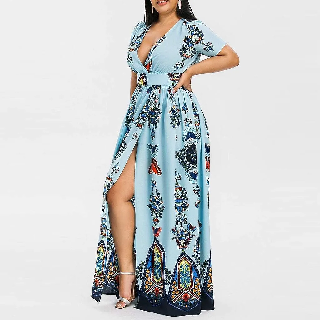 V-Neck Plus Size Butterfly Flower Printed Long Dress for Women 