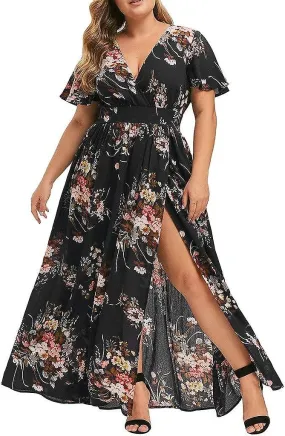 V-Neck Plus Size Butterfly Flower Printed Long Dress for Women 