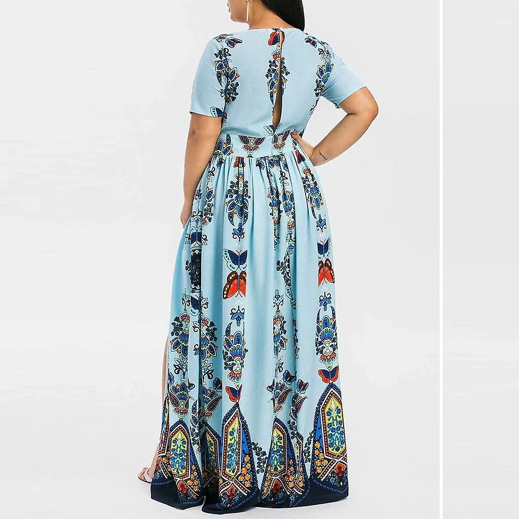 V-Neck Plus Size Butterfly Flower Printed Long Dress for Women 