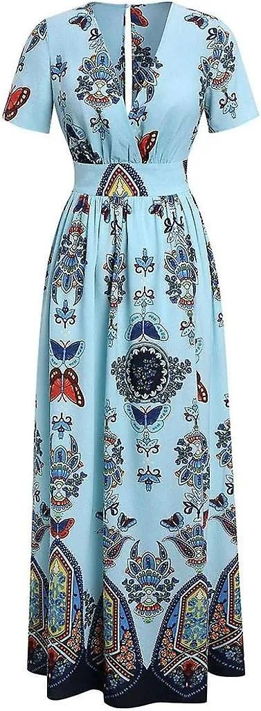 V-Neck Plus Size Butterfly Flower Printed Long Dress for Women 