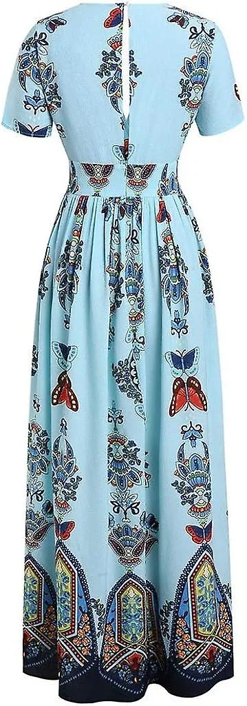 V-Neck Plus Size Butterfly Flower Printed Long Dress for Women 