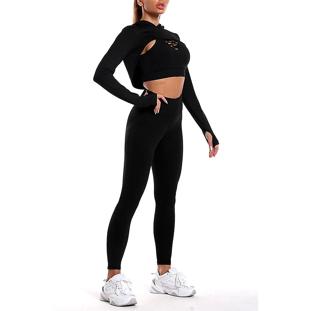 Women's Activewear Set Workout Sets 3-piece Cropped Solid Color Sports Bra Leggings Crop Top Black Dark Navy Spandex Yoga Fi