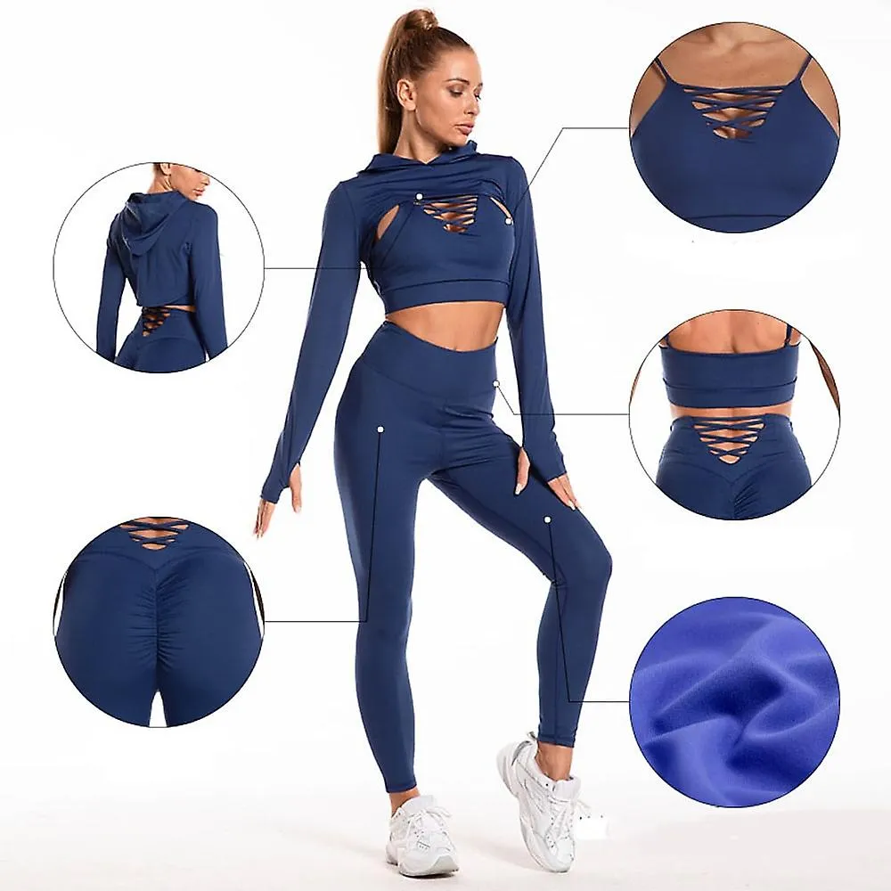 Women's Activewear Set Workout Sets 3-piece Cropped Solid Color Sports Bra Leggings Crop Top Black Dark Navy Spandex Yoga Fi