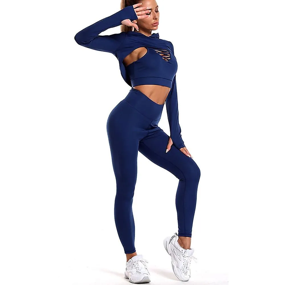 Women's Activewear Set Workout Sets 3-piece Cropped Solid Color Sports Bra Leggings Crop Top Black Dark Navy Spandex Yoga Fi