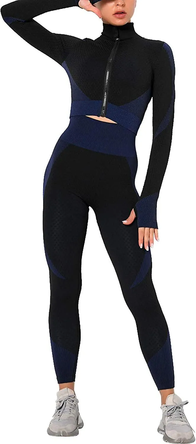 Womens Workout Tracksuit 2 Pieces Set High Waist Leggings And Long Sleeve Crop Top Yoga Activewear With Front Zipper