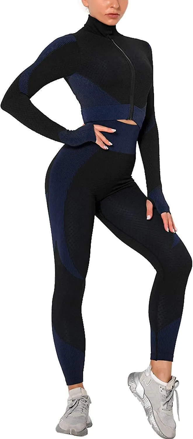 Womens Workout Tracksuit 2 Pieces Set High Waist Leggings And Long Sleeve Crop Top Yoga Activewear With Front Zipper