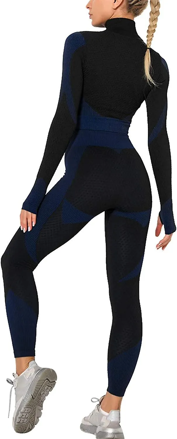 Womens Workout Tracksuit 2 Pieces Set High Waist Leggings And Long Sleeve Crop Top Yoga Activewear With Front Zipper