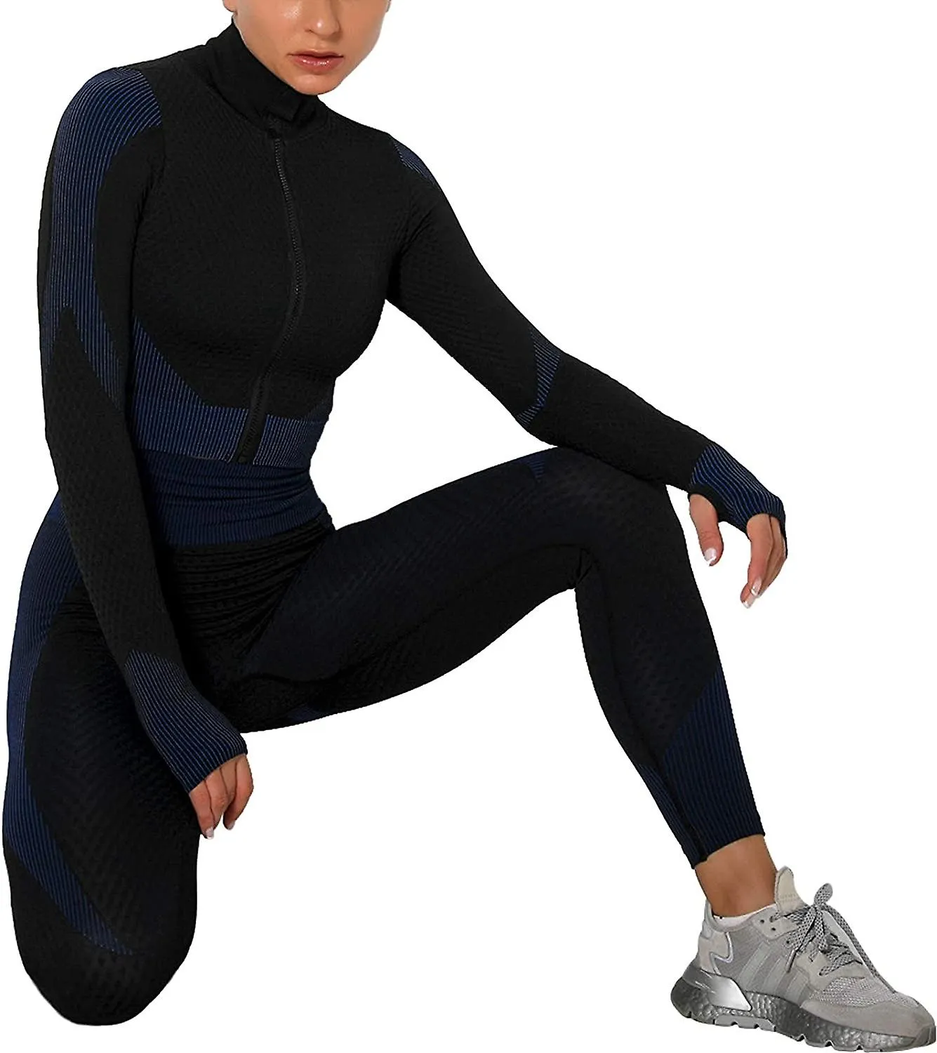 Womens Workout Tracksuit 2 Pieces Set High Waist Leggings And Long Sleeve Crop Top Yoga Activewear With Front Zipper